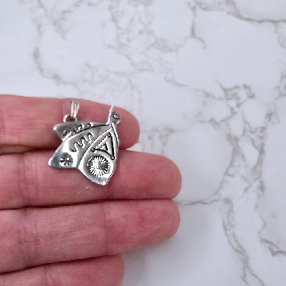 Sterling Silver 925 Southwestern Stamped Butterfly Moth Pendant Signed AJM 2.0g - Picture 3 of 7
